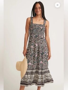 MARINE LAYER Selene Smocked Maxi Dress in Black Floral Boho Small